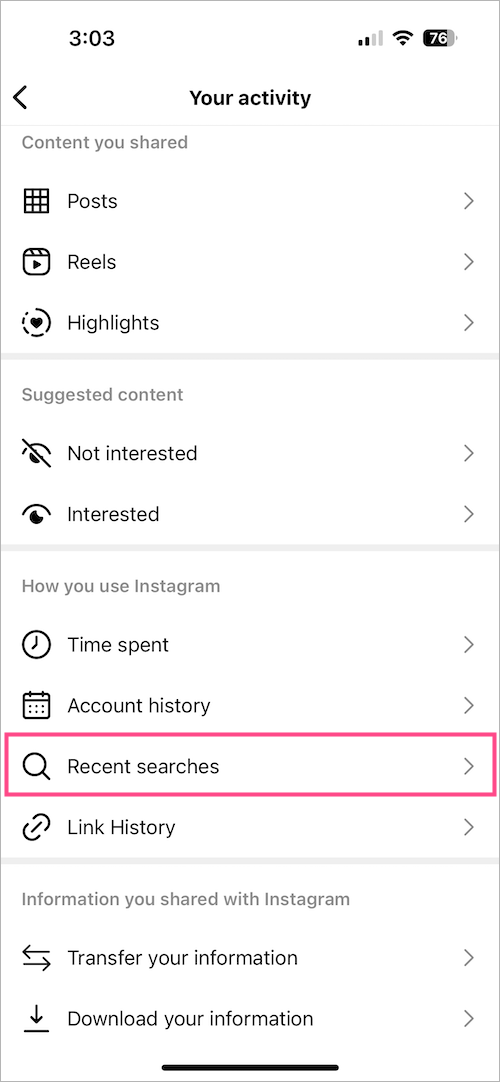 how to view recent searches on instagram