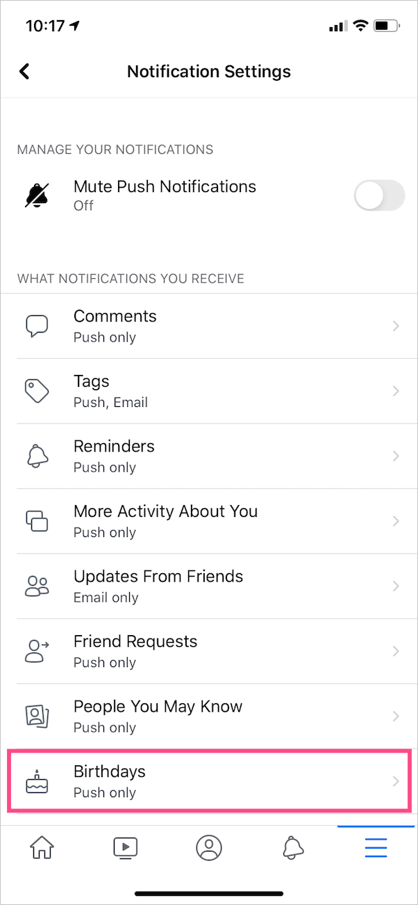 birthdays notifications settings on facebook app