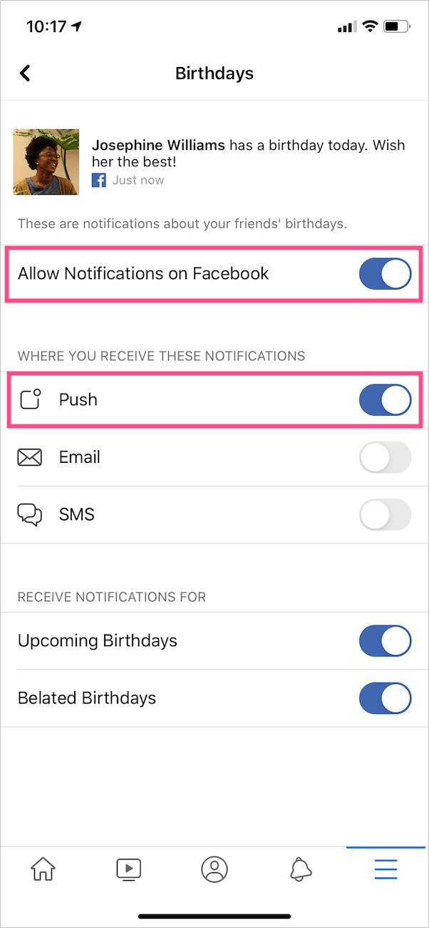 get push notifications for friends birthday on facebook