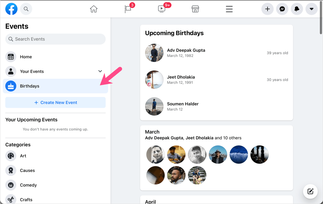 see facebook birthdays 2021 on computer desktop