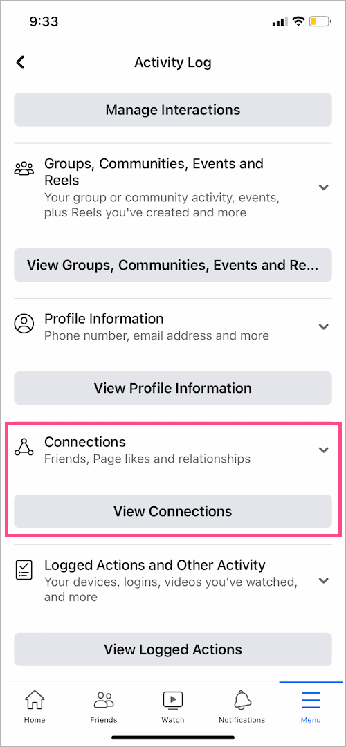 see connections on Facebook app