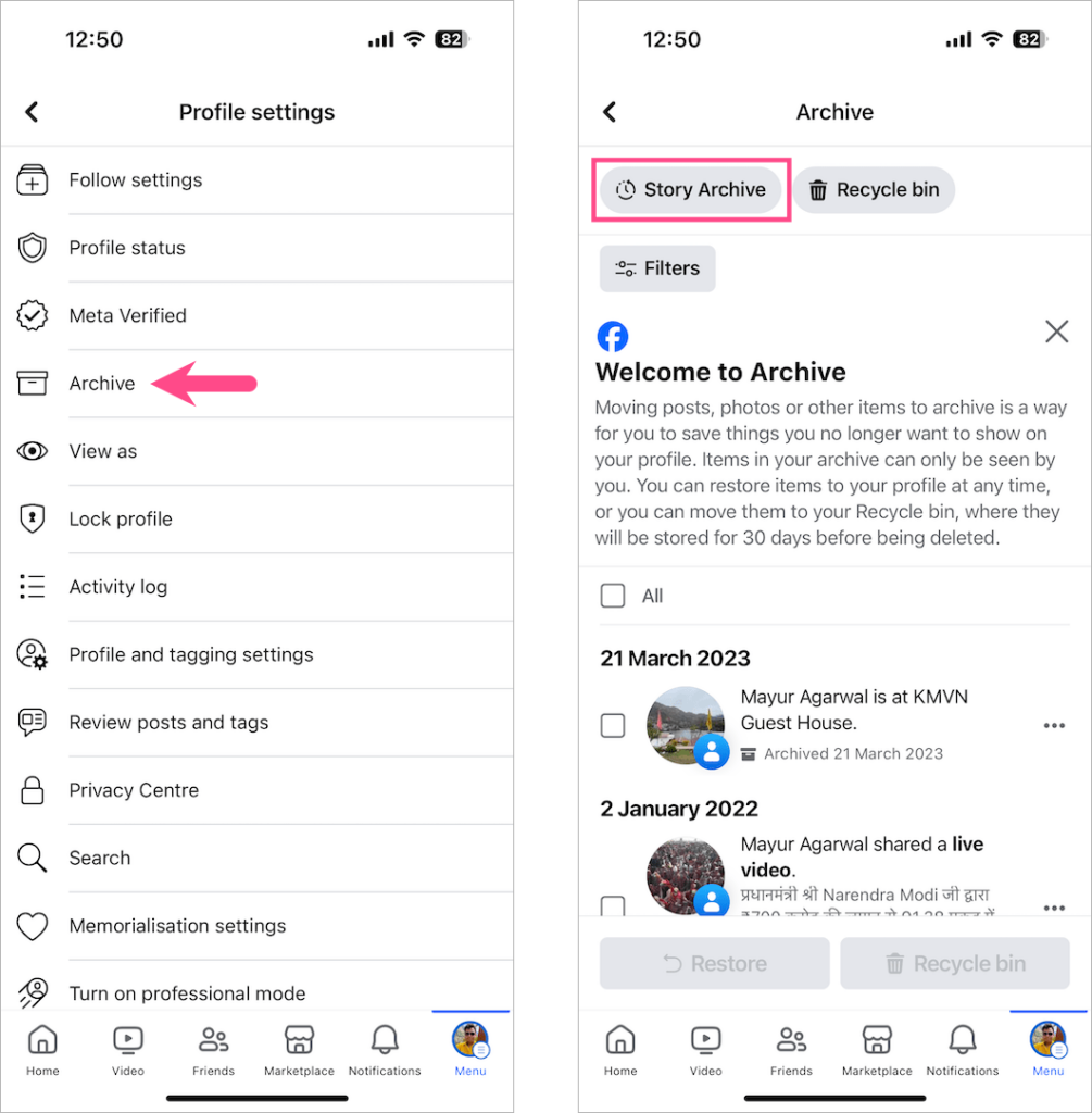 how to see archive story in facebook
