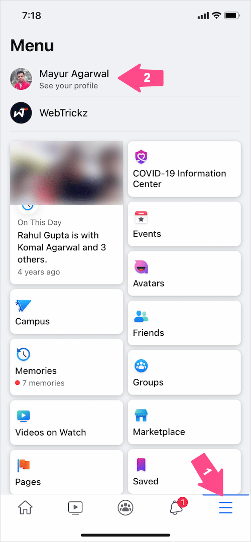 menu on Facebook app
