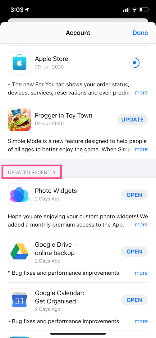 find recently updated apps on ios