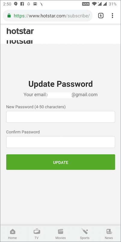 update hotstar password