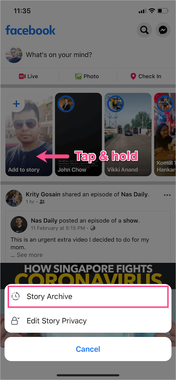 how to see your story archive on facebook app