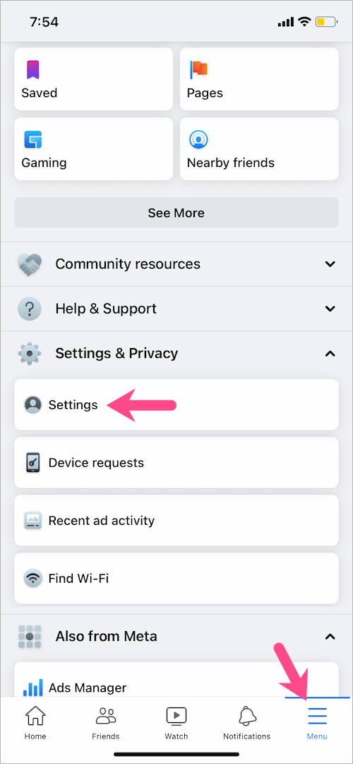 settings in the facebook app