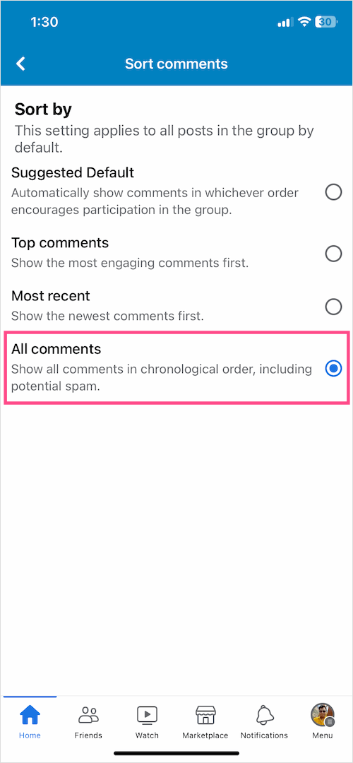 make all comments the default sort order on facebook group