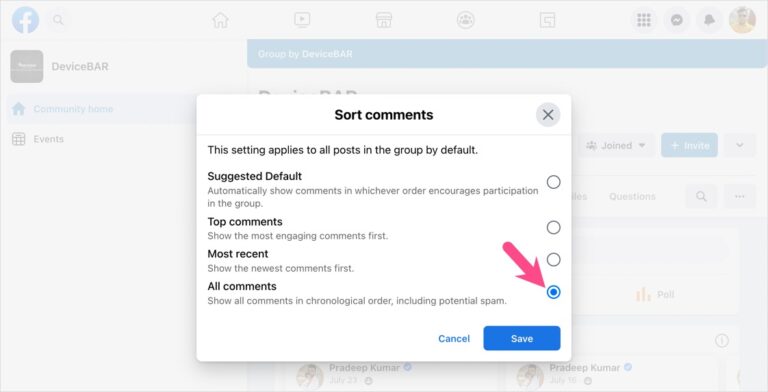 how to show all comments on facebook group