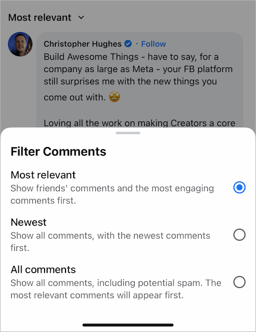 how to sort comments in facebook app