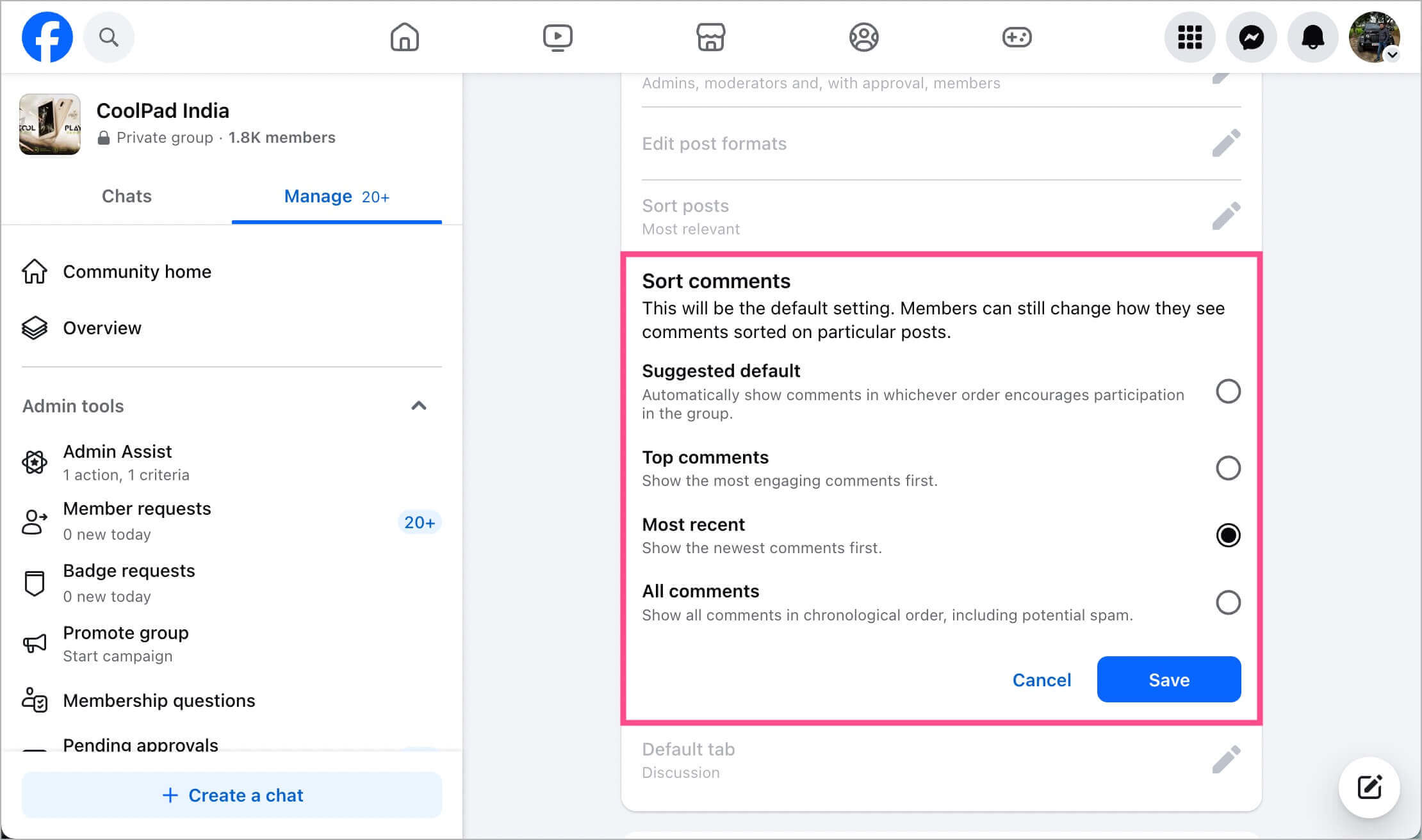 set default comment order in your own facebook group