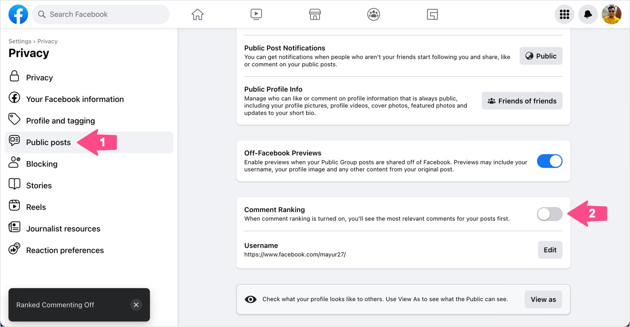 how to turn off most relevant comments on facebook