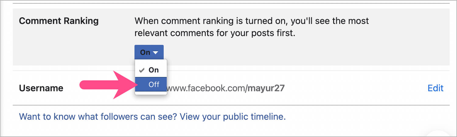 how to turn off comment ranking on facebook
