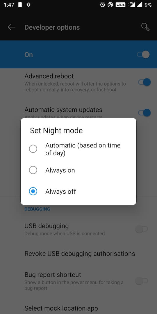 night mode in developer options