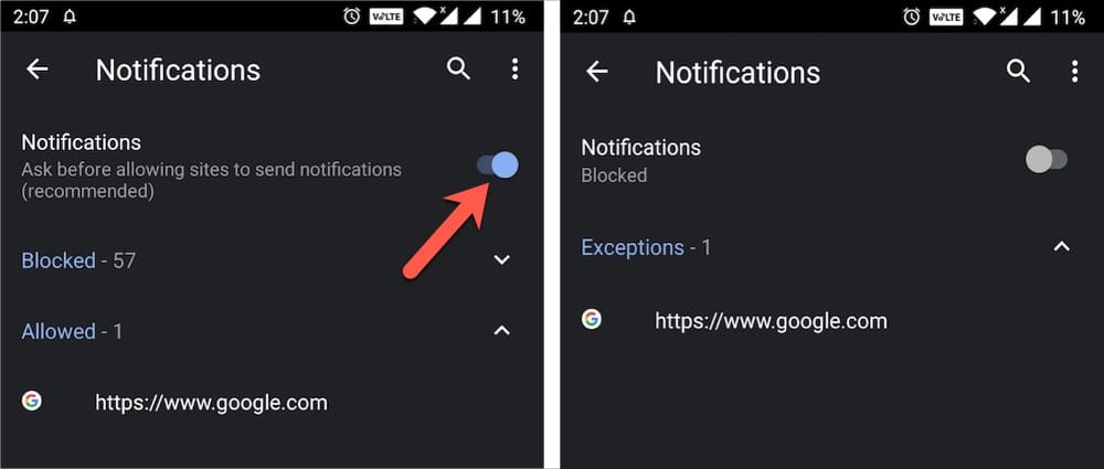 block notifications on chrome for android