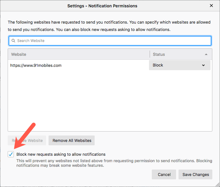 Block new requests asking to allow notifications on firefox