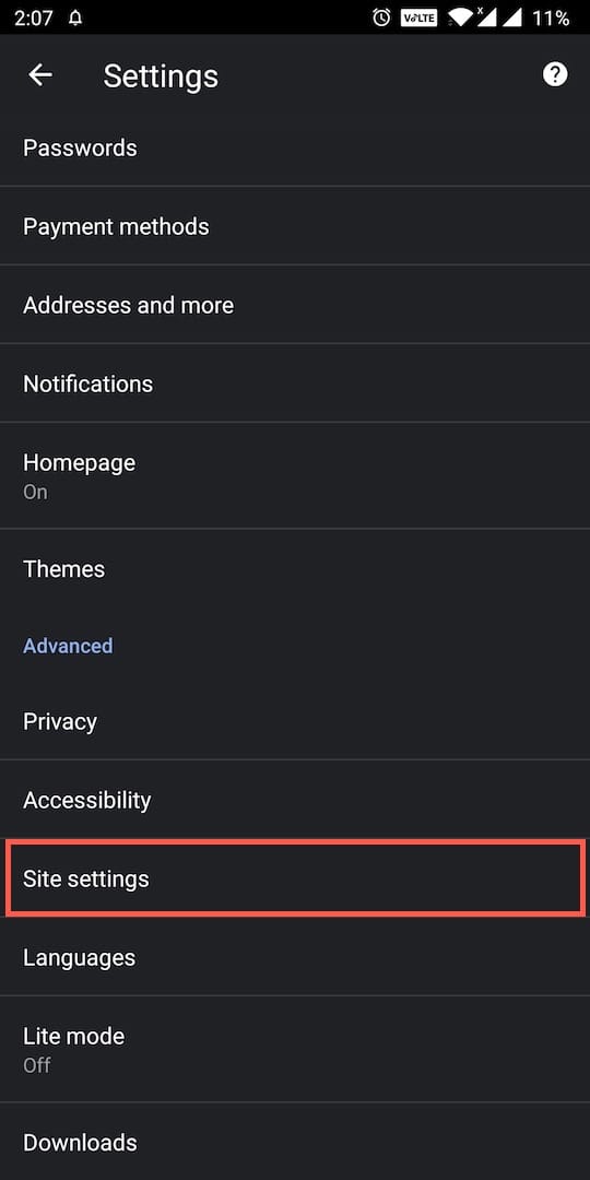 chrome android site settings