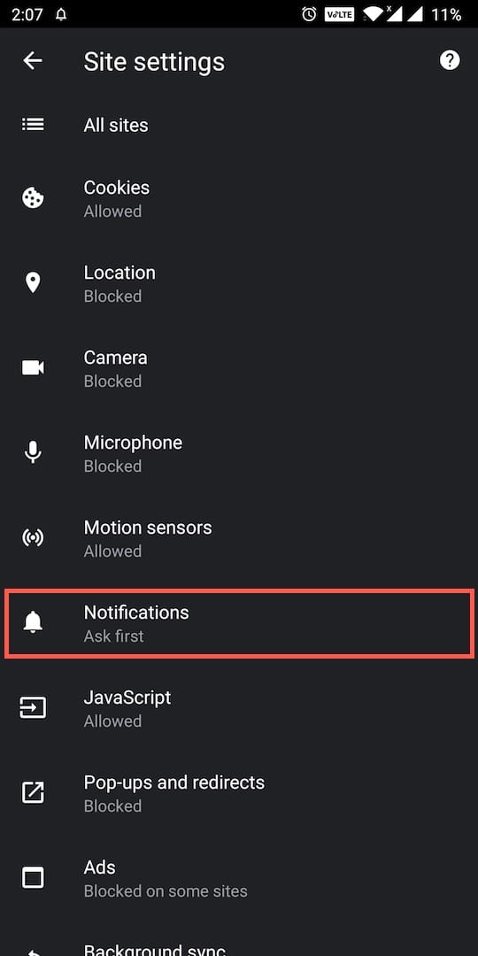 chrome for android notifications setting