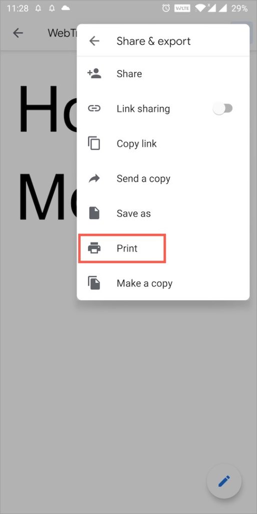 printing with goole docs android
