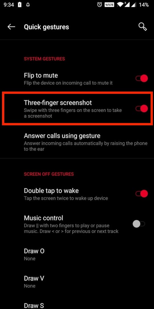 three finger screenshot in oneplus