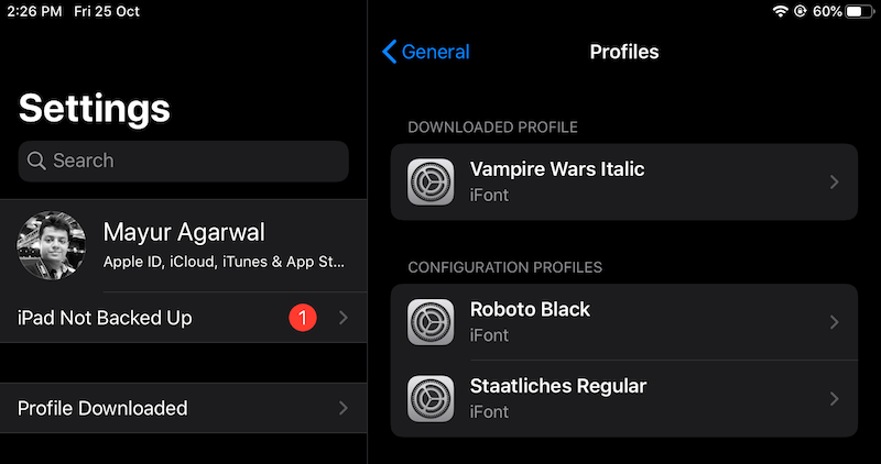 font downloaded profiles in ios 13