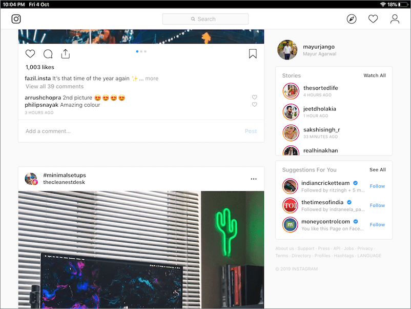 instagram web app in landscape mode on ipad