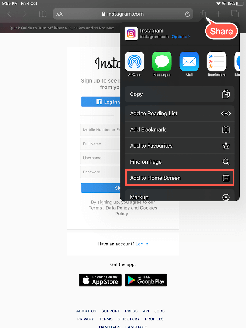 add instagram to ipad homescreen in safari