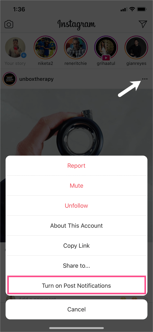 enable instagram post notifications for specific people
