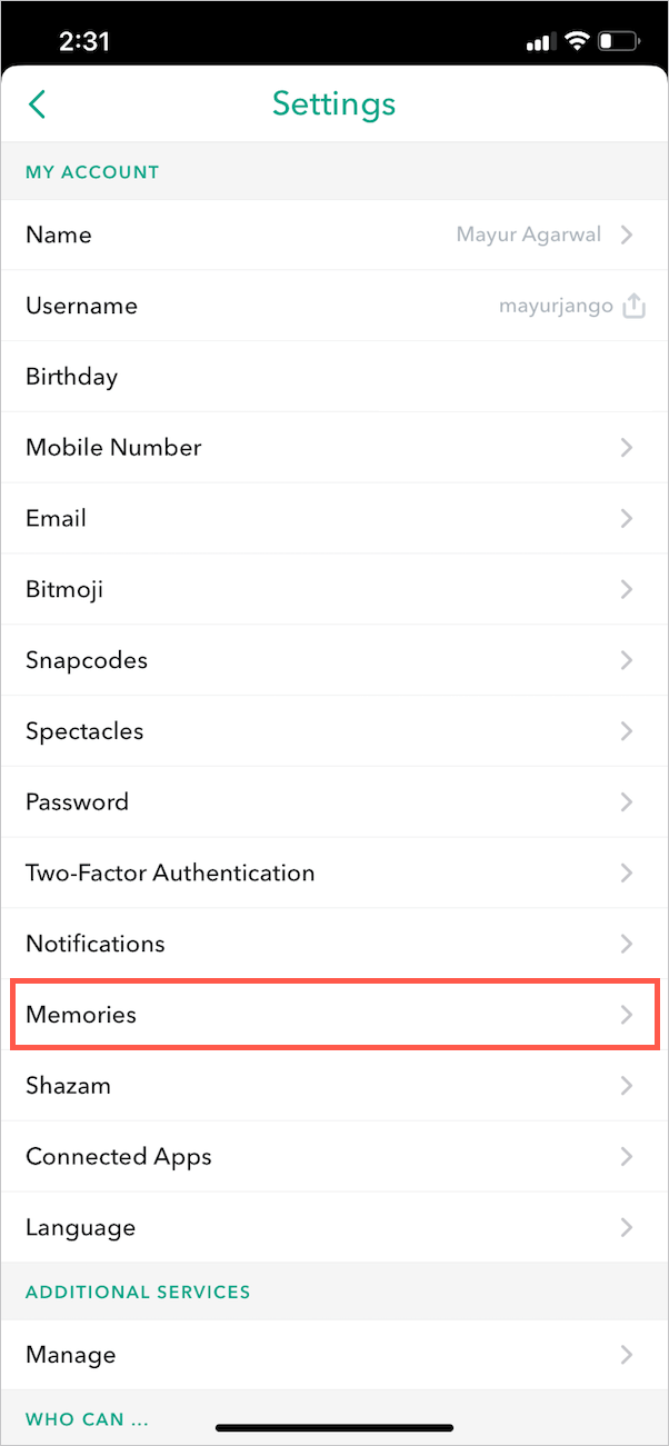 settings menu in snapchat