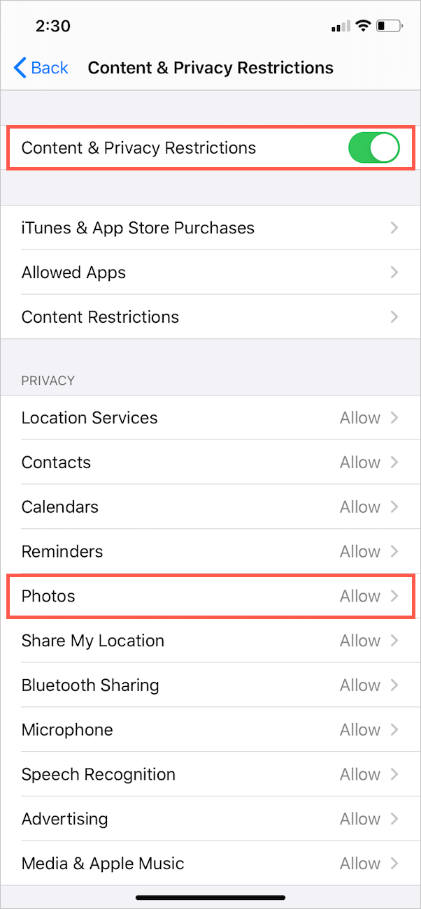Restrictions de contenu et de confidentialité pour les photos sur iPhone
