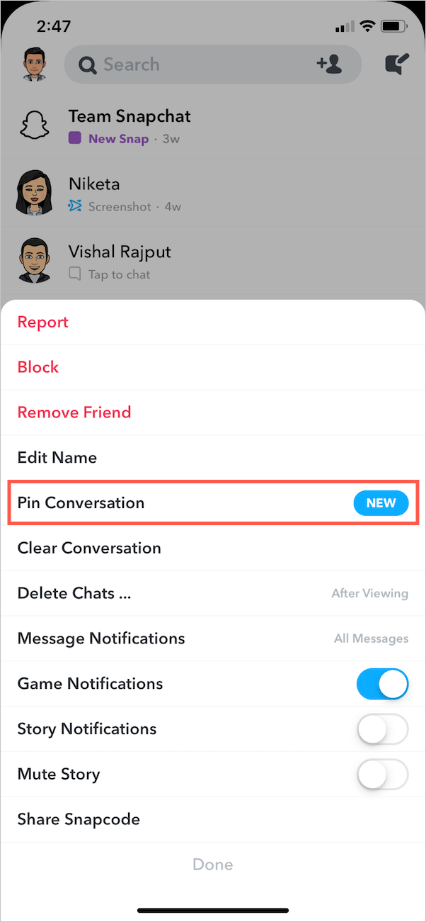 pin a conversation on snapchat