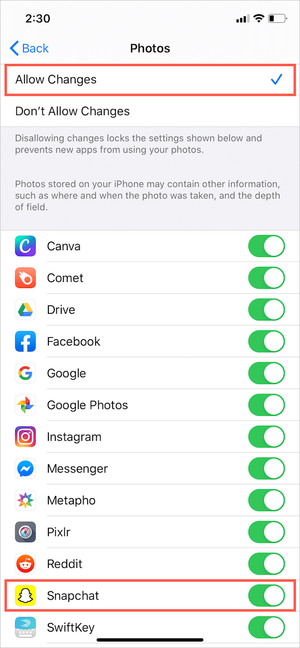 autoriser l'accès aux photos à Snapchat sur iPhone