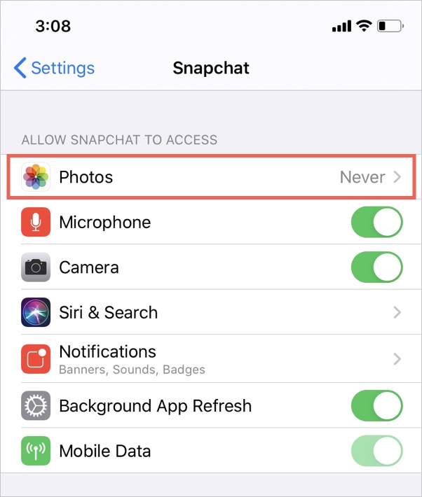 photos permissions on snapchat for iphone