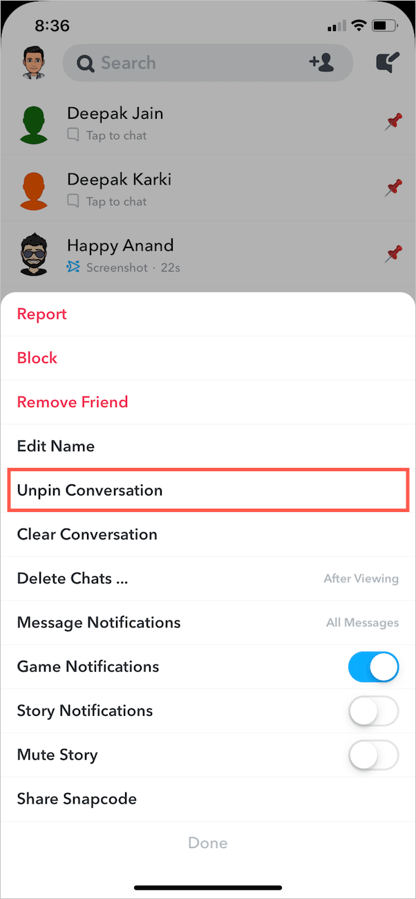 how to unpin a conversation on snapchat
