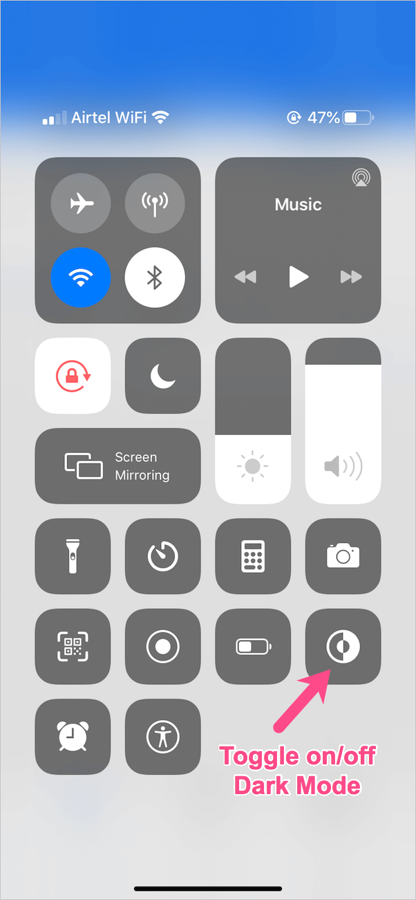 how to enable dark mode in ios 13 via control center