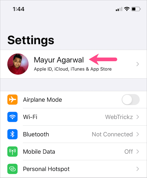 settings menu on ios