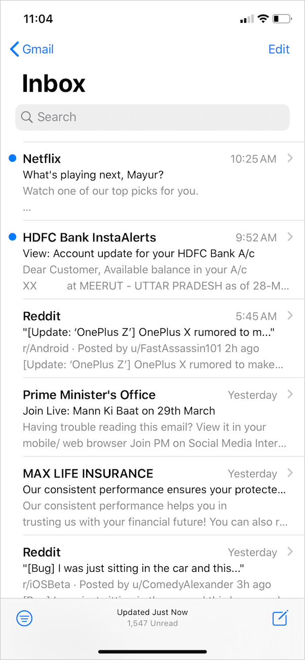 blue dot next to unread email in mail on iphone