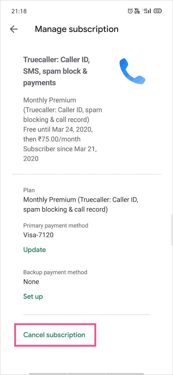 unsubscribe truecaller premium in android