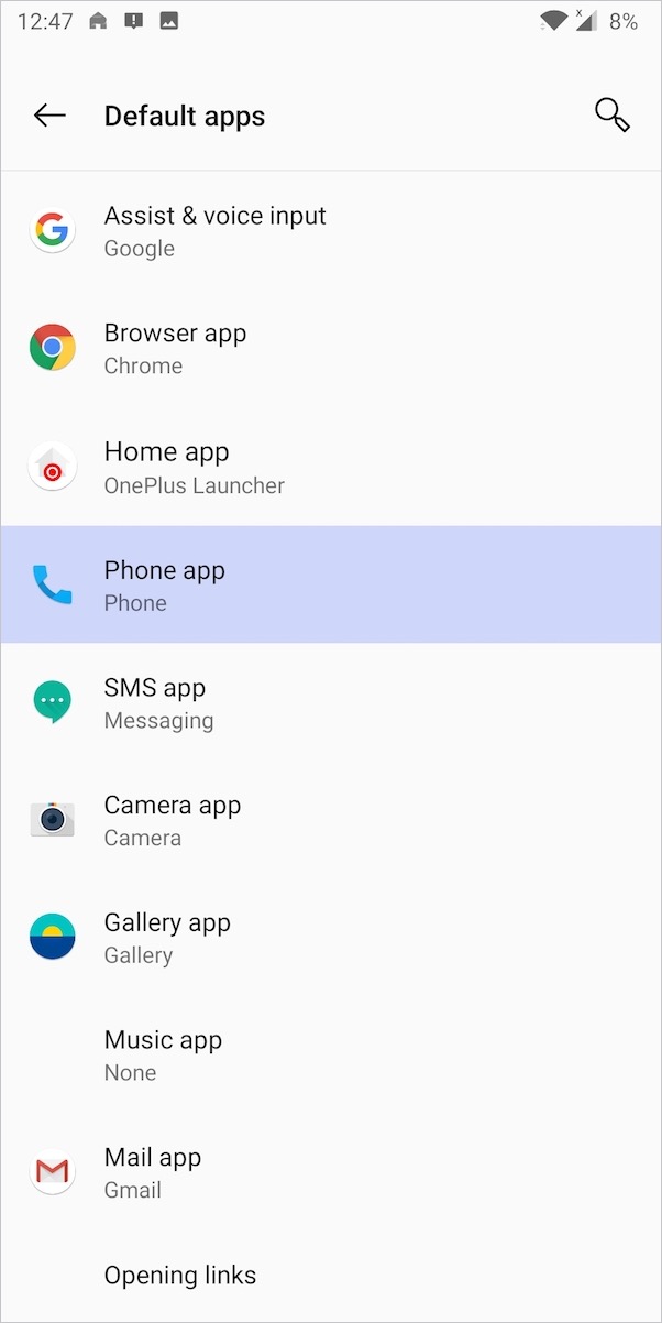 default apps setting in android