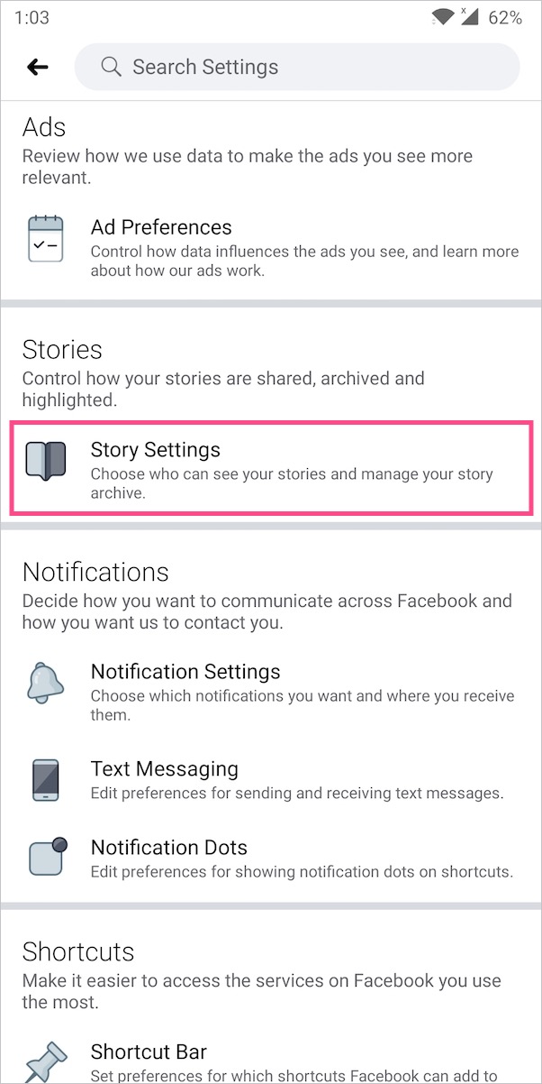 story settings in facebook on android