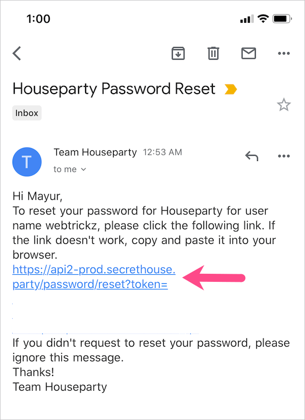 password reset email from houseparty
