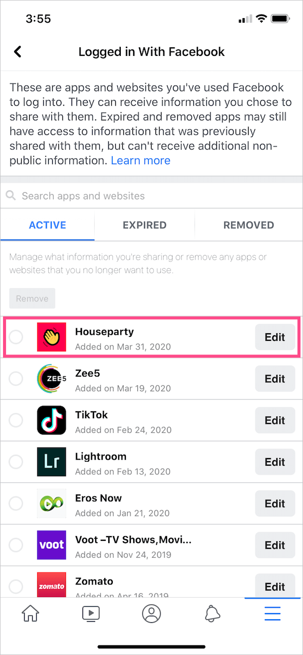list of logged in apps on facebook app