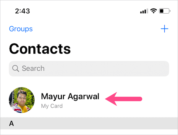 my card in contacts app on iphone