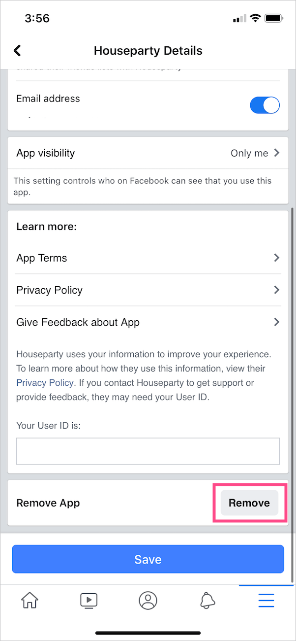 remove facebook account from houseparty app