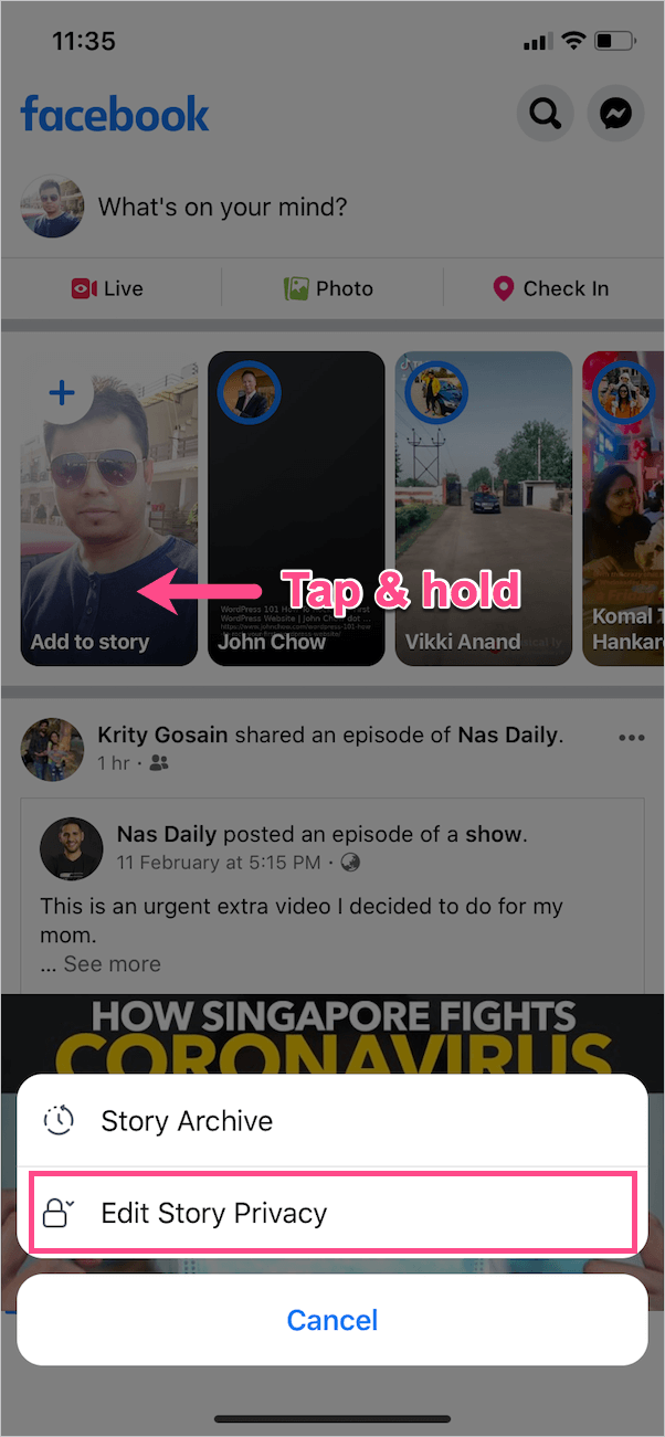 stories in facebook app on iphone