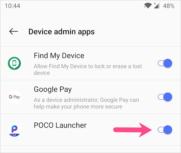 remove android launcher from device admin apps