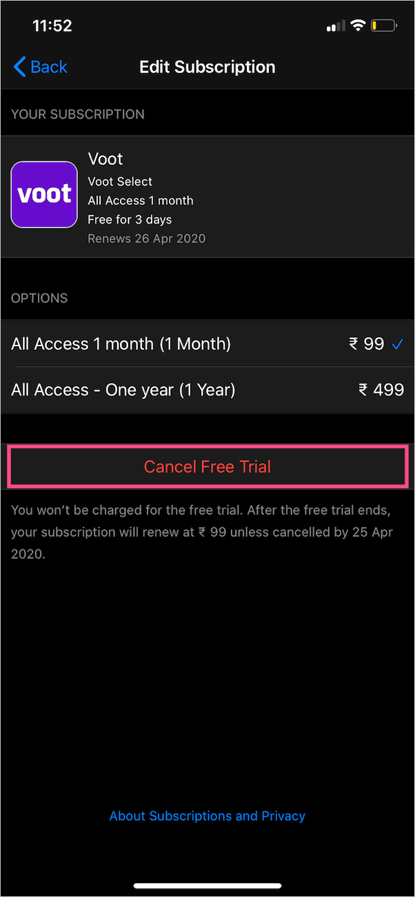 how to cancel voot free trial on iphone