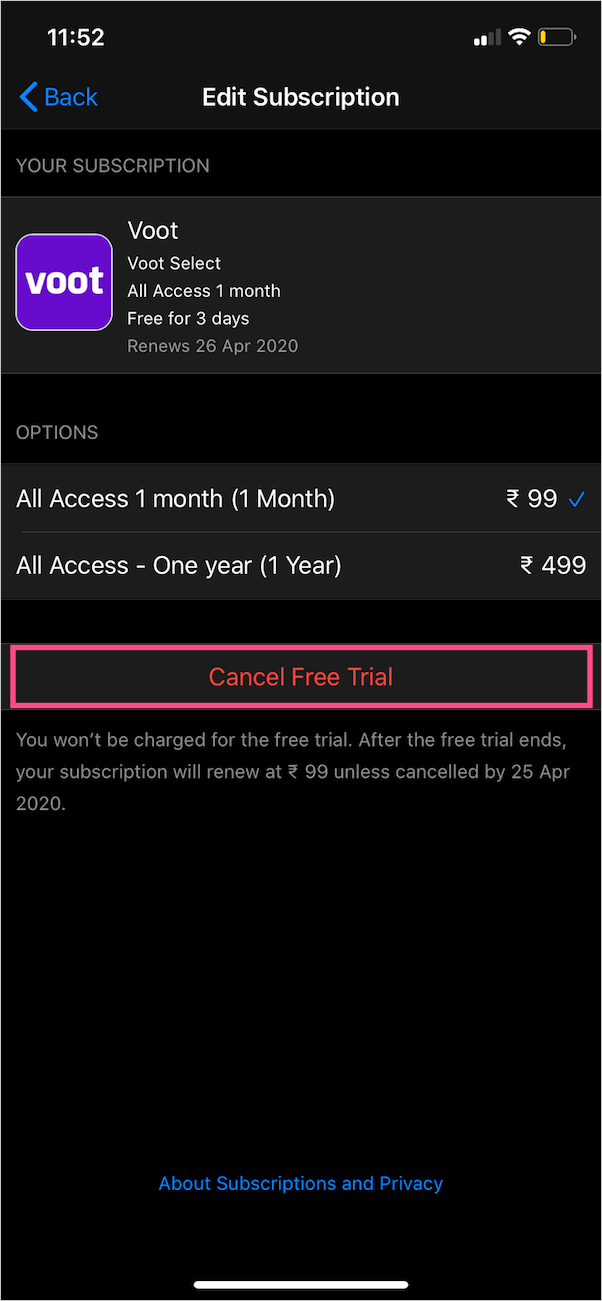 cách hủy bỏ bản dùng thử miễn phí voot trên iPhone