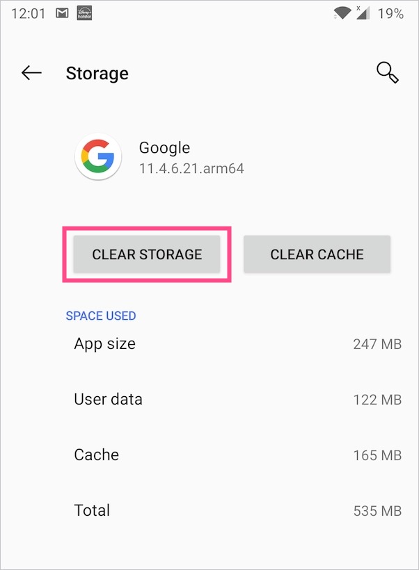 clear google app storage on android