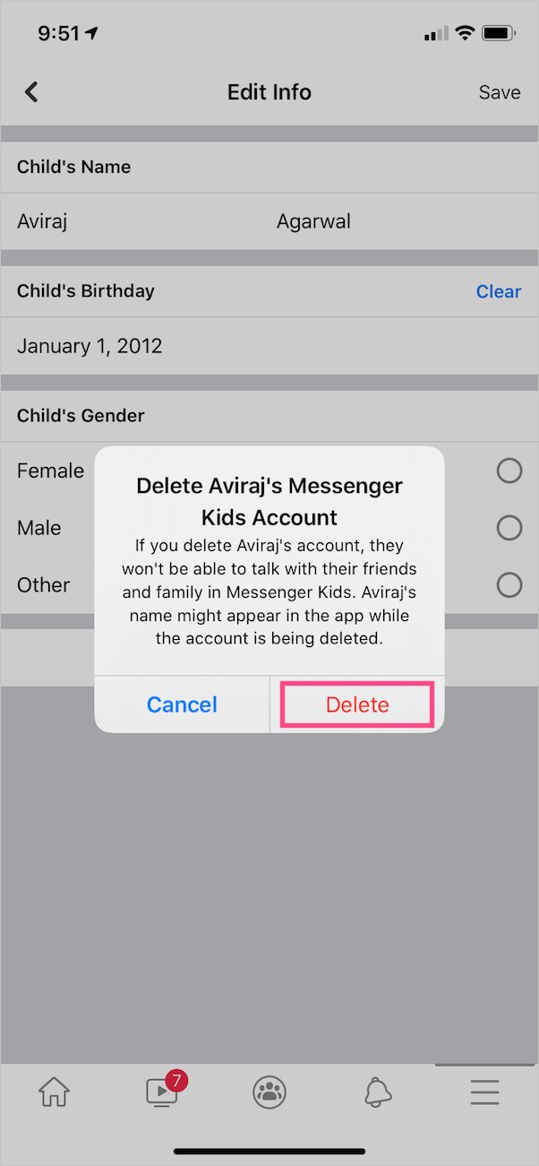 delete kids messenger account on mobile